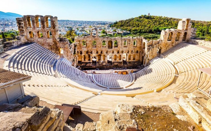 Athens, Greece - October 14, 2016: Ancient herodes atticus theater amphitheater of Acropolis of Athens, landmark of Greece
